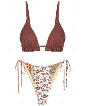Women's Mix and Match Ruffles Textured String Triangle Boho Ethnic Floral Print Tie Side Tanga Bikini Set Swimwear Deep coffee
