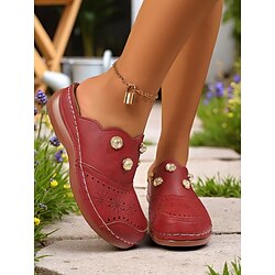 Women's Mules Comfort Shoes Daily Mother's Day Imitation Pearl Wedge Round Toe Casual Comfort Faux Leather Dark Brown Black White