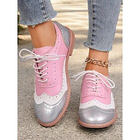Women's Multicolor Oxford Shoes, Retro Wingtip Design with Green, Pink, and Purple Panels, Casual Lace-Up Brogues for Fashion and Daily Wear
