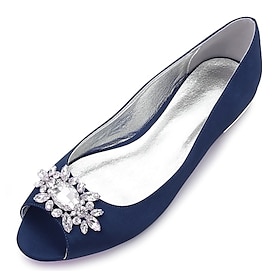 Women's Navy Blue Peep-Toe Flats with Rhinestone Embellishments - Elegant Satin Shoes for Weddings, Parties, and Formal Events