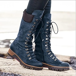 Women's Navy Suede Lace-Up Combat Boots with Side Zipper and Rugged Sole - Stylish High-Cut Boots for Winter and Outdoor Adventures