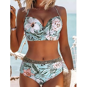 Women's Normal Swimwear Bikini Shorts Swimsuit 2 Piece Printing Beach Wear Push Up Floral Sleeveless Bathing Suits