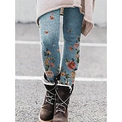 Women's Normal Tights Leggings Fashion Designer Tights Full Length Mid Waist Flower / Floral Print Tummy Control Butt Lift Comfort High Elasticity Daily Red Blue khaki Grey Skinny