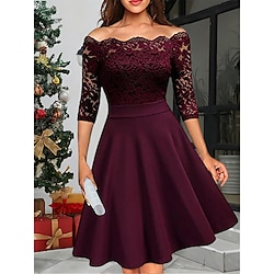 Women's Off-Shoulder Lace Skater Dress Burgundy A-Line Party Elegant Three-Quarter Sleeve Evening Wear Comfortable Fit Multiple Sizes
