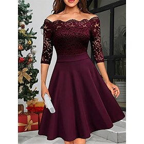 Women's Off-Shoulder Lace Skater Dress Burgundy A-Line Party Elegant Three-Quarter Sleeve Evening Wear Comfortable Fit Multiple Sizes