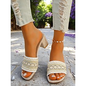 Women's Open Toe Woven Slide Sandals with Ethnic Embroidery - Low Heel Beach Mules for Summer Walks and Casual Gatherings