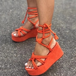 Women's Orange Rope Lace-Up Platform Sandals - Boho Wedge Heels for Summer Beach Festival Wear