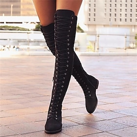 Women's Over-the-Knee Lace-Up Suede Boots with Flat Heel - Stylish and Comfortable for Casual and Winter Wear