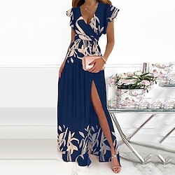 Women's Party Dress Wedding Guest Dress Swing Dress Long Dress Maxi Dress Pink Red Navy Blue Short Sleeve Pure Color Ruffle Spring Summer V Neck Evening Party 2023 S M L XL XXL 3XL