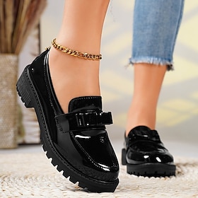 Women's Patent Leather Chunky Loafers with Bow Detail - Stylish Casual Slip-On Shoes for Everyday Wear