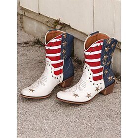 Women's Patriotic Western Cowboy Boots - American Flag Print with Star Embellishments, Vintage-Style Festival and Rodeo Footwear