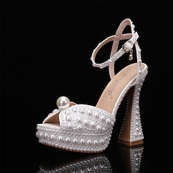 Women's Pearl-Embellished Platform High Heels - Luxury Wedding Shoes with Ankle Strap and Chunky Heel Design