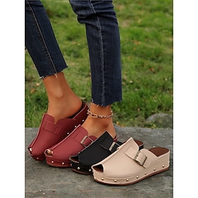 Women's Peep-Toe Wedge Mules with Buckle Straps and Studded Accents - Comfortable Slip-On Sandals for Casual Wear and Summer Outings