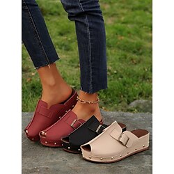 Women's Peep-Toe Wedge Mules with Buckle Straps and Studded Accents - Comfortable Slip-On Sandals for Casual Wear and Summer Outings