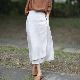 Women's Pencil Long Skirt Linen Skirts Fashion Streetwear Basic Casual Midi Skirts Solid Colored Split Ripped Asymmetric Hem Office / Career Street White Blue