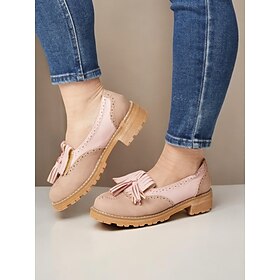 Women's Pink Tassel Loafers with Brogue Detailing and Chunky Sole - Vintage-Style Casual Shoes for Everyday Wear