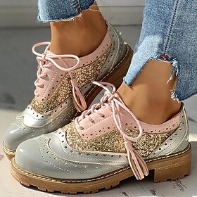 Women's Pink and Gray Glitter Wingtip Oxford Shoes with Chunky Sole - Stylish Lace-Up Brogues for Casual and Statement Outfits