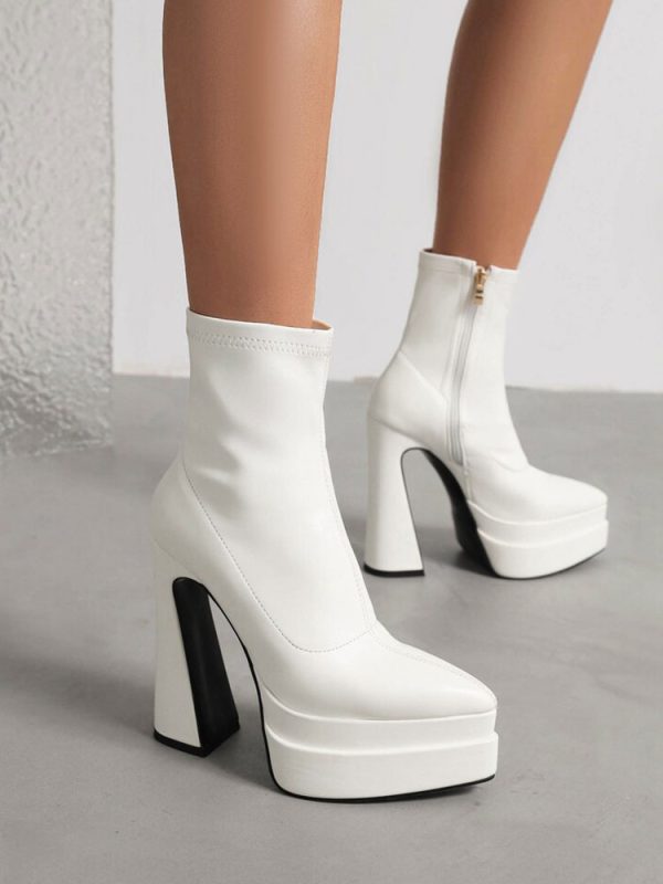 Women's Platform Booties PU Leather Pointed Toe Chunky Heel Ankle Boots