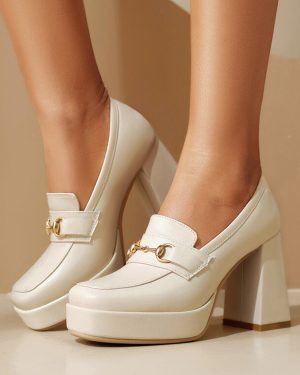Women's Platform Loafers Metal Details Chunky Heel Pumps