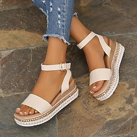 Women's Platform Wedge Sandals Rivet Open Toe Ankle Buckle Strap Espadrilles Shoes Casual Outdoor Sandals Black White Apricot