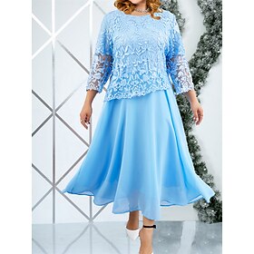 Women's Plus Size Curve Party Dress Winter Dress Lace Dress Solid Color Long Dress Maxi Dress 3/4 Length Sleeve Lace Ruched Crew Neck Elegant Party Pink Blue S