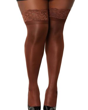 Women's Plus Size Espresso Sheer Thigh High Stockings with Scalloped Top | Fancy Dress Costume Tights