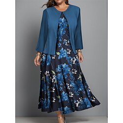 Women's Plus Size Midi Dress Dress Set Casual Dress Swing Dress Print Dress Fashion Streetwear Floral Print Long Sleeve Crew Neck Outdoor Vacation Burgundy Navy Blue Blue Fall Winter Regular Fit