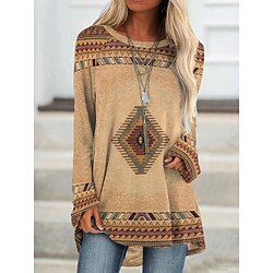 Women's Plus Size T Shirt Tunic Shirts Geometric Plaid Vintage Tunic Ethnic Long Sleeve Round Neck Long Tops Casual Print Marron Yellow Light Green Wine Red Fall Winter