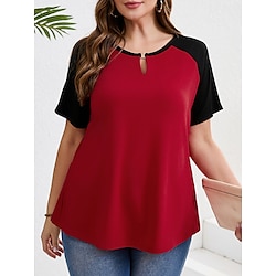 Women's Plus Size Tops T Shirt Solid Color Patchwork Short Sleeve V Neck Casual Daily Polyester Summer Spring Red Blue