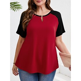 Women's Plus Size Tops T Shirt Solid Color Patchwork Short Sleeve V Neck Casual Daily Polyester Summer Spring Red Blue