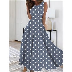Women's Print Vintage Dress Long Dress Maxi Dress Elegant Polka Dot Crew Neck Sleeveless Daily Date Summer Spring Blue Dark Green