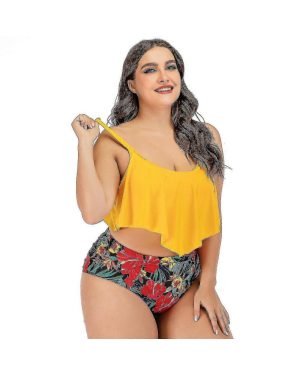 Women's Printing Ruffle High Waist Plus Size Split Swimsuit Bikini Beachwear