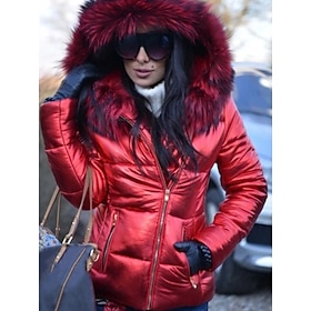 Women's Puffer Jacket Casual Daily Fall Winter Regular Coat Vacation Fashion Jacket Long Sleeve Patchwork Red