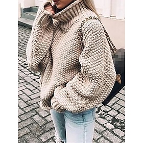 Women's Pullover Sweater Jumper Stylish Casual Soft Solid Color Ribbed Turtleneck Oversized Long Sleeve Regular Tops Knit Daily Going out Weekend Black Pink Fa