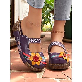 Women's Purple Floral Leather Slip-On Clogs with 3D Flower Appliqué - Vintage Bohemian Comfort Shoes for Casual Wear, Gardening, and Travel