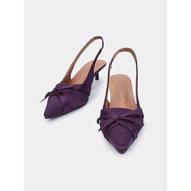 Women's Purple Satin Bow Slingback Kitten Heels - Stylish Evening Romantic Date Shoes