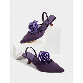 Women's Purple Satin Slingback Wedding Shoes with Rose Flower Detail, Pointed Toe, and Kitten Heel - Elegant Bridal Heels for Weddings and Formal Events