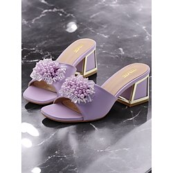 Women's Purple Slide Sandals with Pearl and Bead Embellishments - Fashionable Chunky Heel Mules for Casual Outings and Evening Events