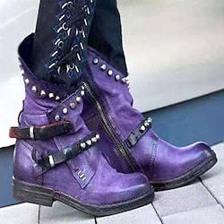 Women's Purple Studded Ankle Boots with Side Zipper and Buckle Straps, Punk Rock Style Footwear for Bold Fashion Statements