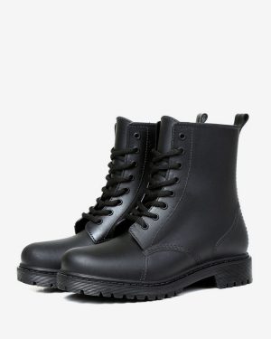 Women's Rain Boots Black Round Toe Lace Up Waterproof ankle Boots
