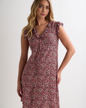 Womens Red Ditsy Print Ruffle Sleeve Tea Dress