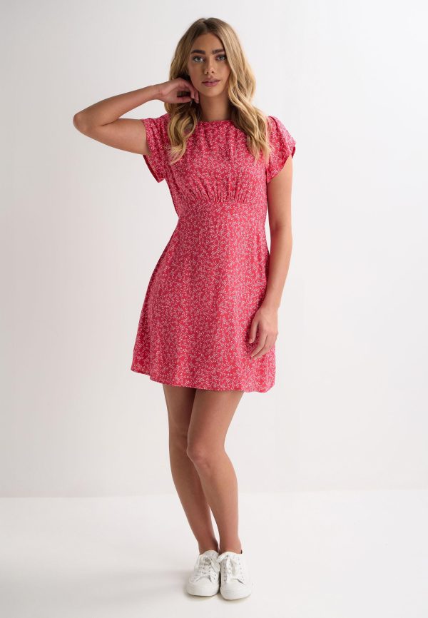 Womens Red Ditsy Short Sleeve Mini Tea Dress