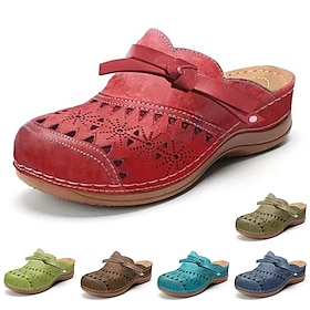Women's Red Faux Leather Clogs - Vintage Style Slip-On Shoes with Laser-Cut Floral Design and Comfortable Cushioned Sole for Casual Everyday Wear