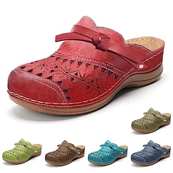 Women's Red Faux Leather Clogs - Vintage Style Slip-On Shoes with Laser-Cut Floral Design and Comfortable Cushioned Sole for Casual Everyday Wear