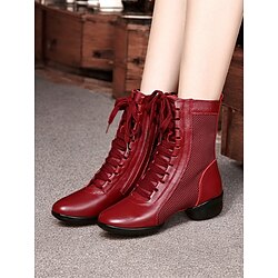 Women's Red Lace-Up Dance Boots with Mesh Panels and Low Heel, Ideal for Jazz, Ballroom, and Latin Dance Performances