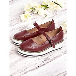 Women's Red Mary Jane Platform Shoes with Brogue Detailing and Buckle Strap - Vintage Style Casual Footwear for Daily Wear