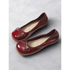 Women's Red Patent Leather Ballet Flats - Classic Round Toe Slip-On Shoes with Bow Detail for Casual and Office Wear