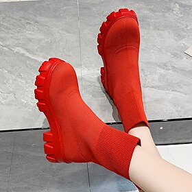 Women's Red Sock Boots with Chunky Platform Sole - Stretch Knit Ankle Booties for Street Style, Fall Outfits, and Casual Wear