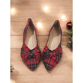 Women's Red Tartan Plaid Ballet Flats - Festive Knotted Design Slip-On Shoes for Christmas and Casual Wear