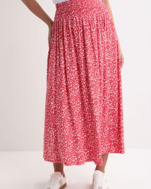 Womens Red & White Ditsy Midi Skirt